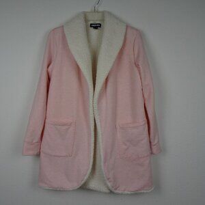 Lands End Cardigan Sweater Women's Size Small Pink Open Front Shawl Sherpa Lined